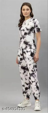 Trending poly crepe night suit combo with short sleeves and dyed/washed net pattern, available in sizes S-XL